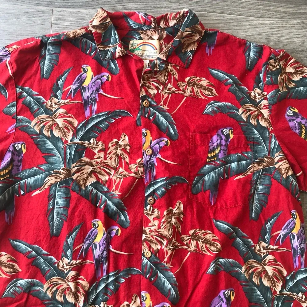 Red and Purple Casual Button Down Shirt with Tropical Print - Picture 2 of 9